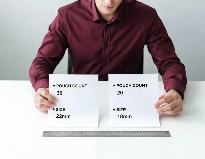 Buyer reviewing two hydrocolloid acne patch specification sheets
